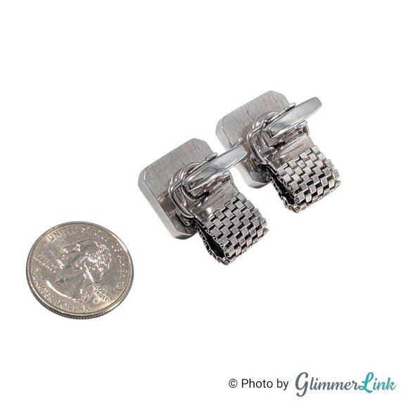 Vintage Foster Blue Rivoli MCM Silver Tone Cufflinks with Detachable Mesh Wrap - Picture 7 of 11